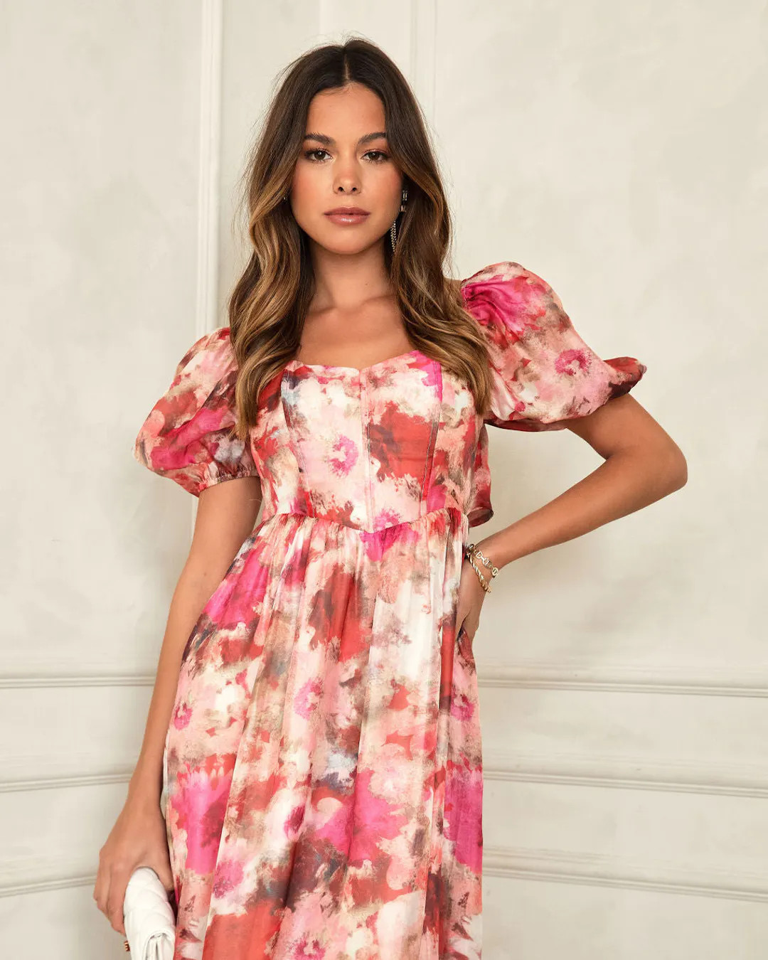Last Dance Floral Corset Puff Sleeve Midi Dress | VICI