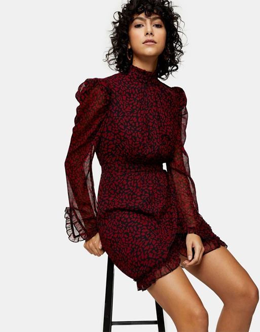 Topshop high neck mini dress in red animal print | ASOS (Global)