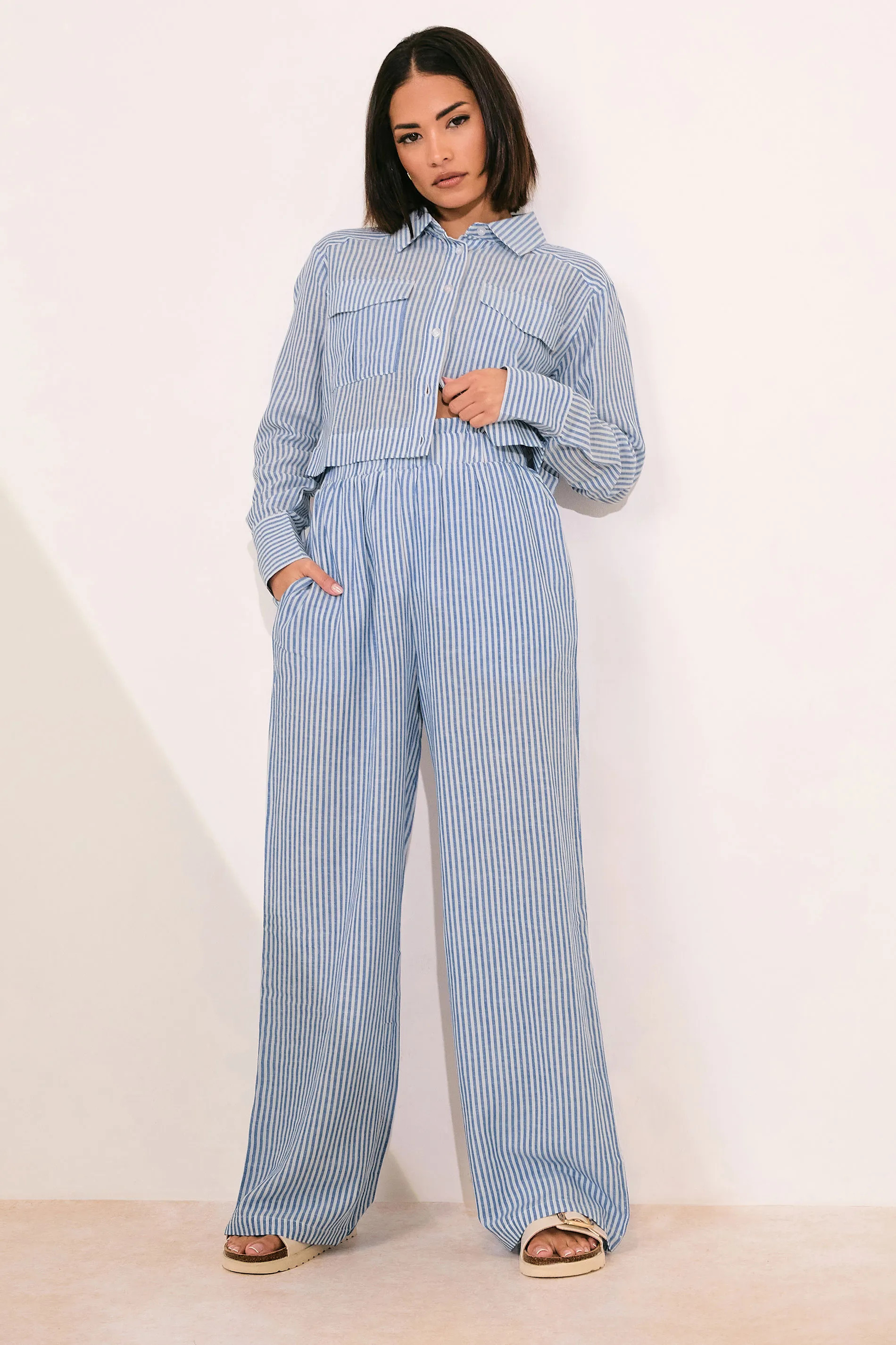 Blue PixieGirl Petite Linen Stripe Wide Leg Trousers | Debenhams | Debenhams UK