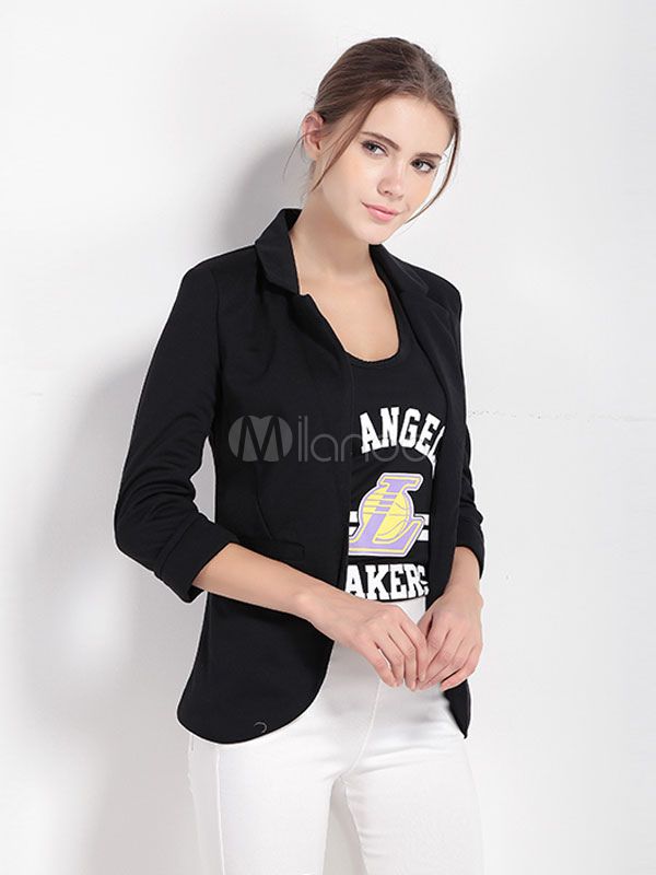 Black Blazer Jacket Turndown Collar 3/4 Length Sleeve Women's Summer Jacket Top | Milanoo