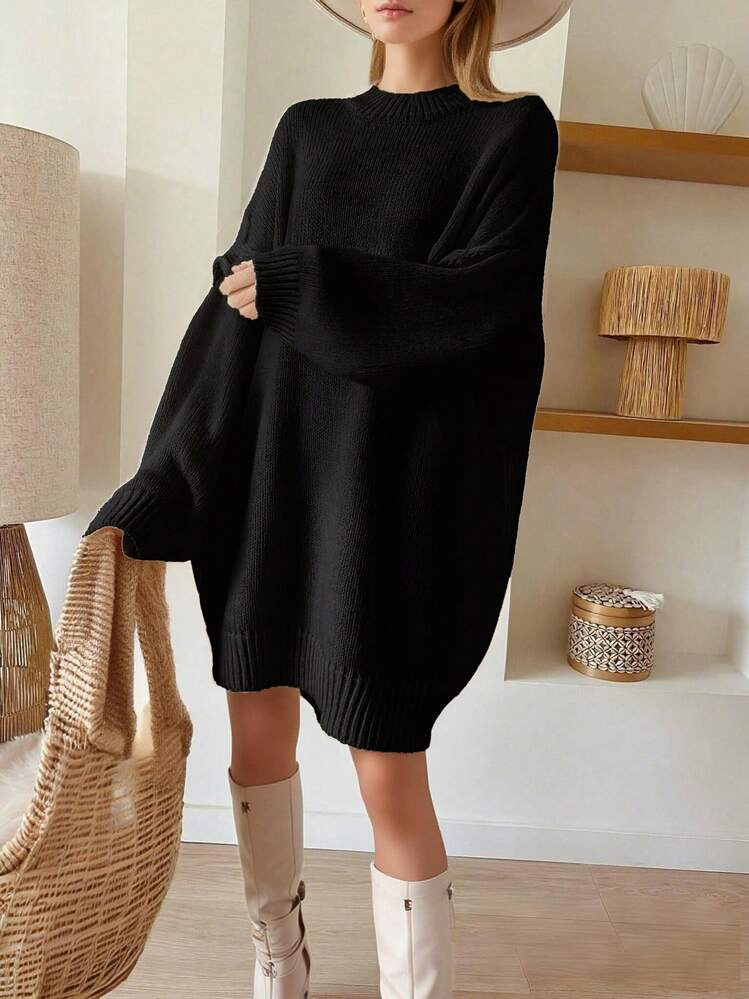1pc Women's Black Formal Dress, 1pc Women's Plus Size Loose Solid Color Ribbed Knit Pullover Sweater For Autumn/Winter, Women's Plus Size Business Casual Outerwear, Women's Long Sleeve Cardigan, Elegant Women's Apparel, Plus Size Sweater Dress | SHEIN
