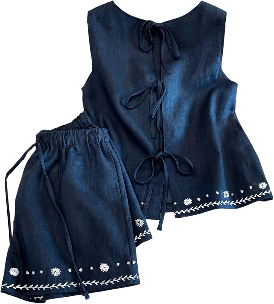 GORGLITTER Women's Vacation Outfits Embroidered Tie Front Tank Top and Shorts Set Summer Beach Ou... | Amazon (US)