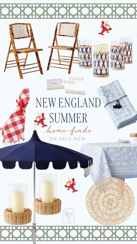 On sale now 20% off these tabletop and patio finds for summer. Navy patio umbrella, lobster napkin rings, blue and white tablecloth and napkins, blue wrapped glasses, folding bamboo chairs, candle hurricanes, woven chargers, bamboo place card holders

#LTKhome #LTKsalealert #LTKparties
