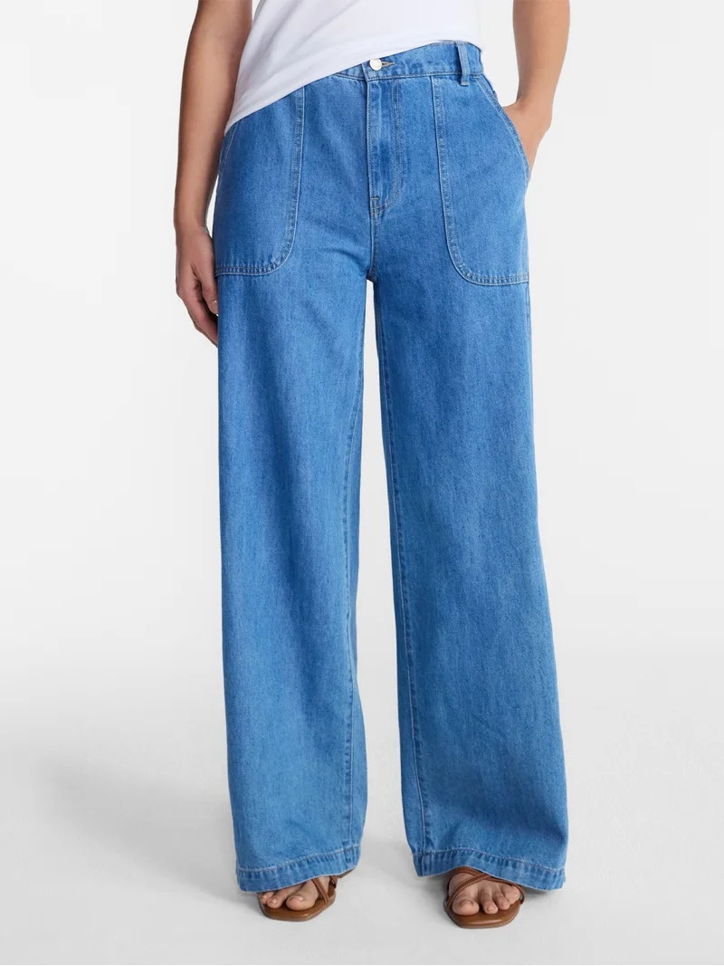 Time and Tru Women's High Rise Draped Utility Jeans, 30" Inseam, Sizes XS-XXXL | Walmart (US)