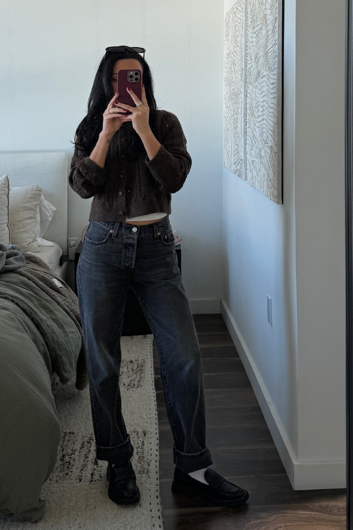 brown storets cardigan, 501
Levi's, heaven mayhem gold earrings

#LTKstyletip #LTKshoecrush #LTKfindsunder100