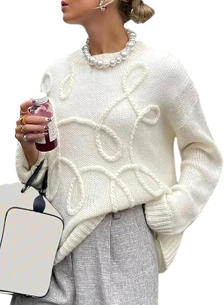 Wyeysyt Womens Oversized Sweater Rainbow Contrast Striped Batwing Long Sleeve Crochet Pullover Sweater Tops(White-S) | Amazon (US)