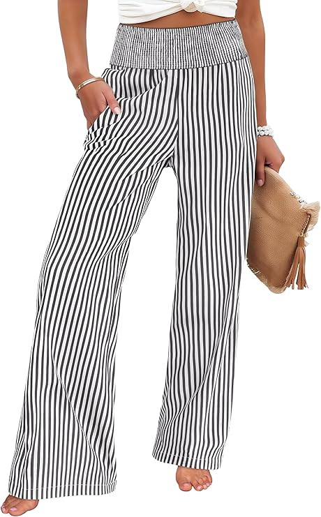 ANRABESS Womens Striped Gingham Palazzo Pants Wide Leg High Waisted Lounge Pajama Pants Cute Casu... | Amazon (US)