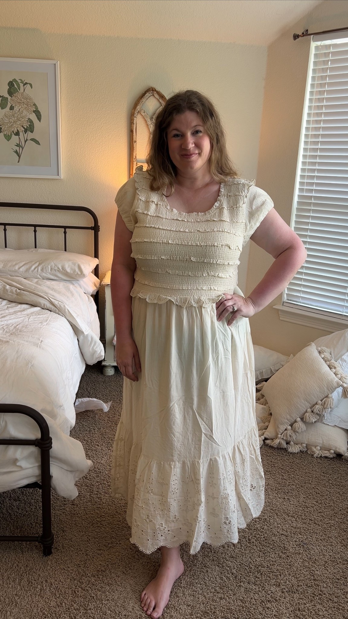 Ignore that I’m wearing green underwear and that you can clearly see them 🤣. This cream dress is smocked on top and is just so feminine and pretty  

#LTKFallSale #LTKMidsize #LTKPlusSize