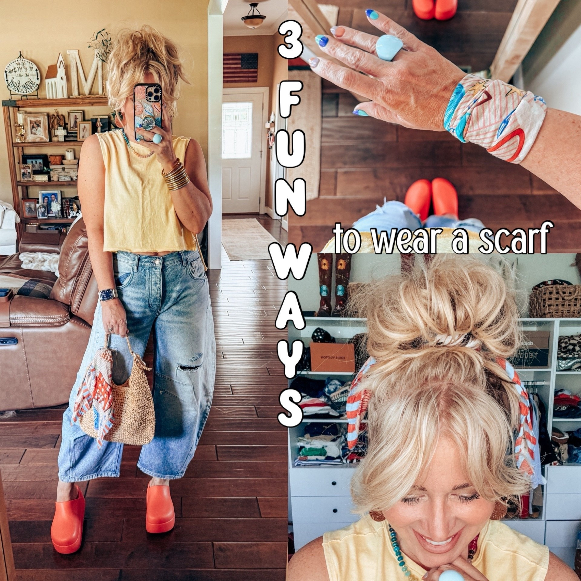 I love this cute scarf! It’s so cute in your hair, bag, or even tied around on your wrist! 👏🏼🥰☀️
Tank - small
Ribbed tank underneath - M/L 
Jeans - I sized down 
Crocs - I sized down 


#LTKOver40 #LTKShoeCrush #LTKStyleTip