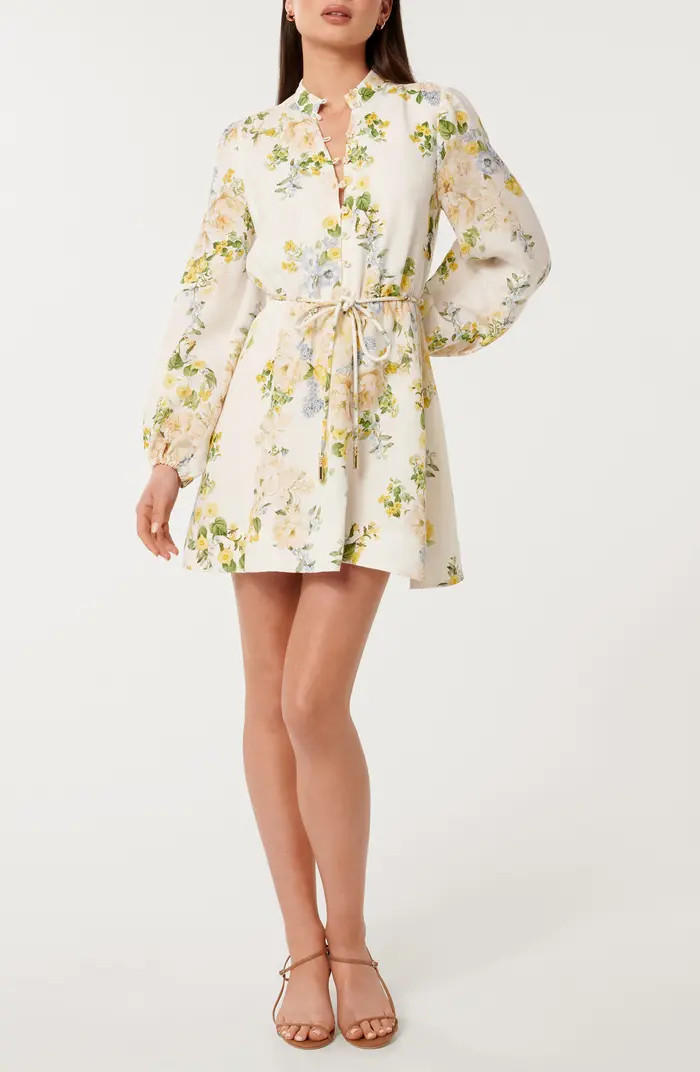 Annalise Tie Waist Long Sleeve Linen Blend Minidress | Nordstrom