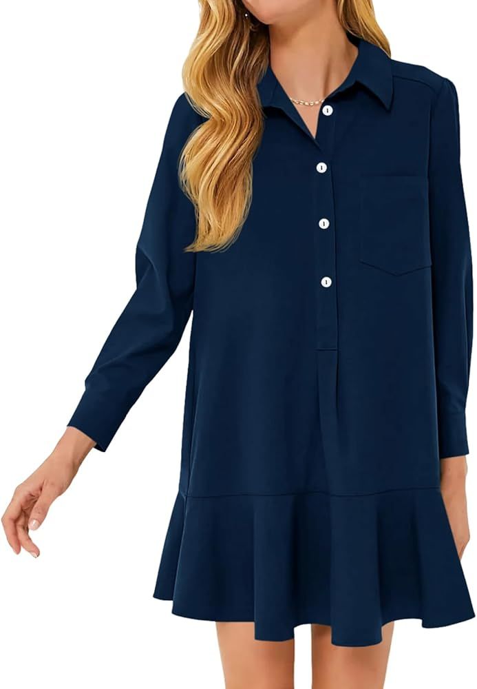 Fisoew Womens Casual Button Down Shirt Dress Long Sleeve Collared Pleated Swing Mini Dresses | Amazon (US)