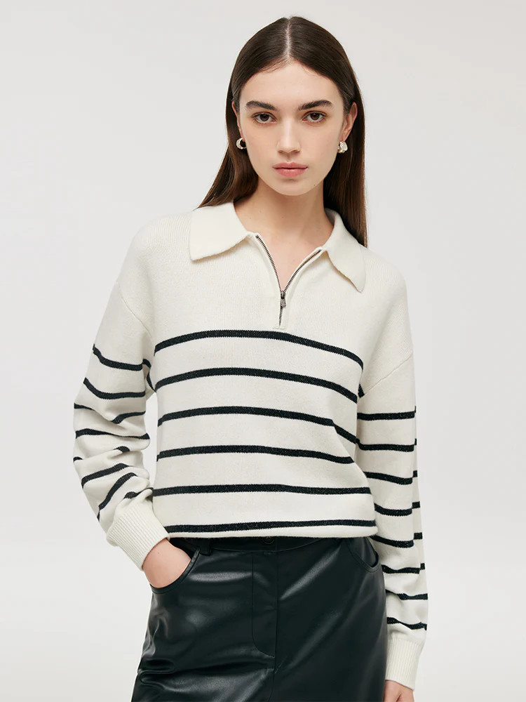 Wool Black And White Stripe Women Sweater - Black and White Stripe / XL | GOELIA