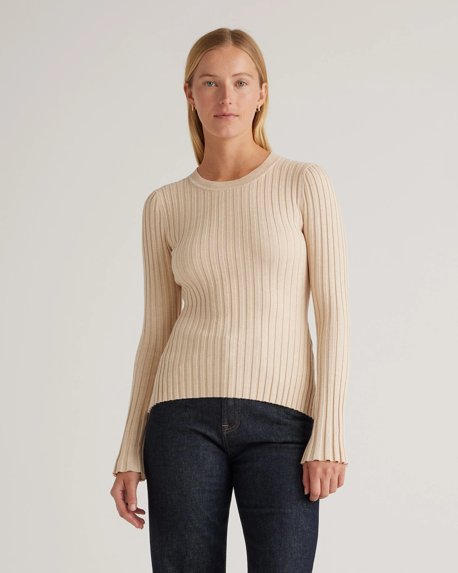Cotton Cashmere Ribbed Long Sleeve Sweater  in Black | Quince
