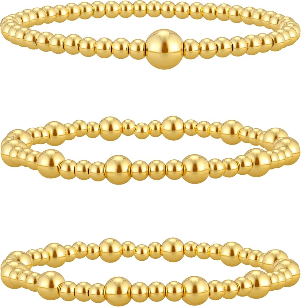 Reoxvo Gold Beaded Bracelets for Women Non Tarnish Stack 14K Gold Plated Stretch Elastic Bead Bal... | Amazon (US)