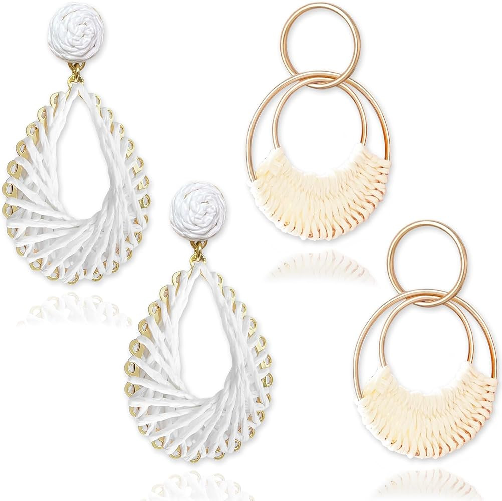 Fiklon Boho Rattan Drop Earrings Women Raffia Teardrop Earrings Dangle Handmade Hot Pink Summer E... | Amazon (US)