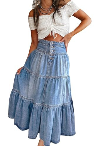 utcoco Women's High Waist Long Denim Skirt Button-Fly Tiered Ruffle Swing A-Line Jean Maxi Skirt with Pockets (X-Large, Blue) | Amazon (US)