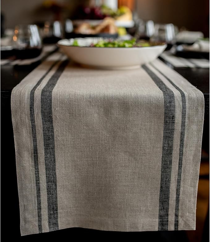Solino Home Striped Linen Table Runner 108 Inches Long - French Stripe 100% Pure Linen Black and ... | Amazon (US)