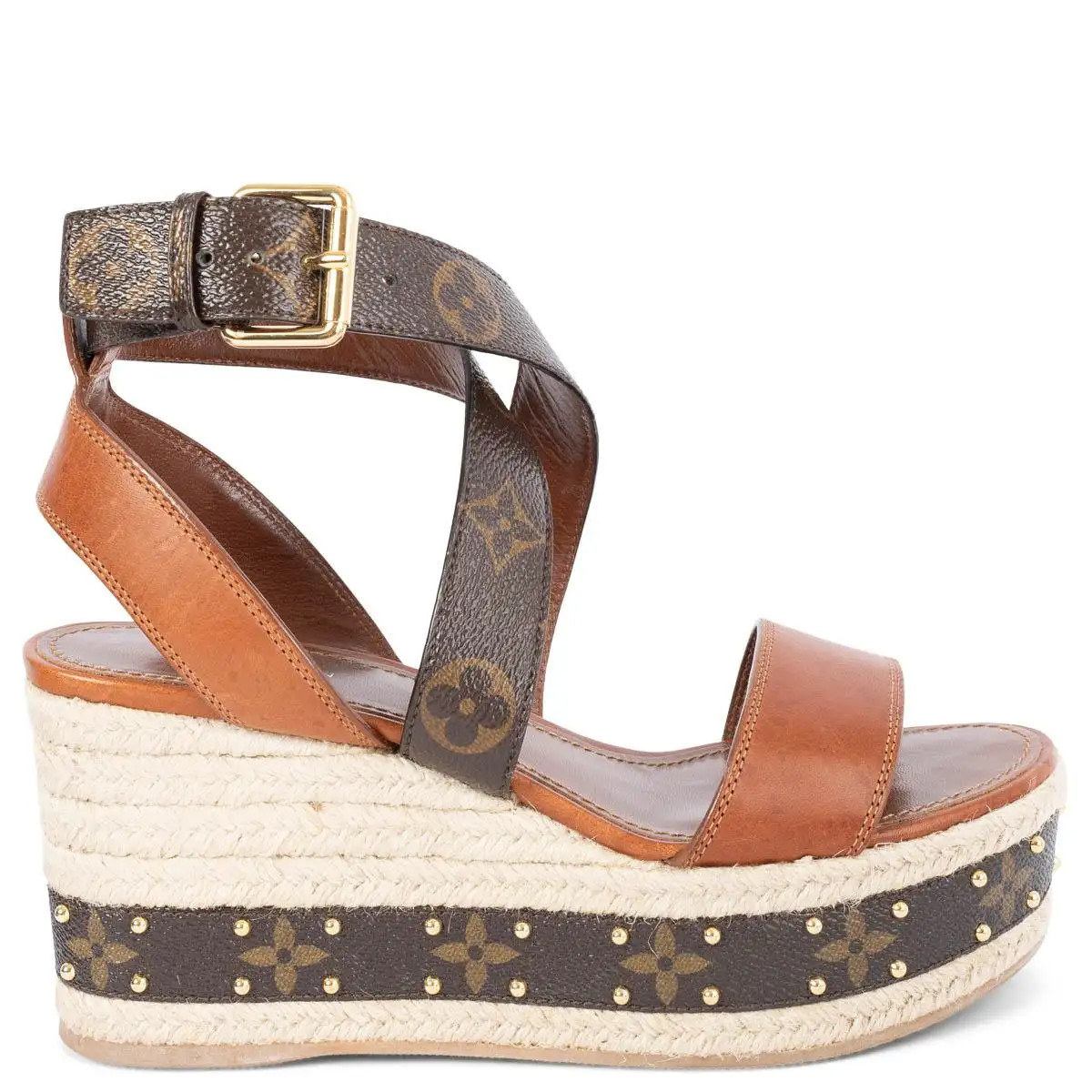 LOUIS VUITTON brown Monogram & Raffia BOUNDY Wedge Sandals Shoes 37 | 1stDibs