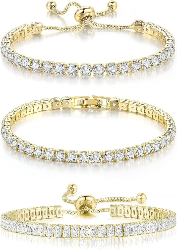 3 Pcs Tennis Bracelets for Women 14K Gold Plated 4mm 5A+ Cubic Zirconia CZ Diamond Classic Adjust... | Amazon (US)