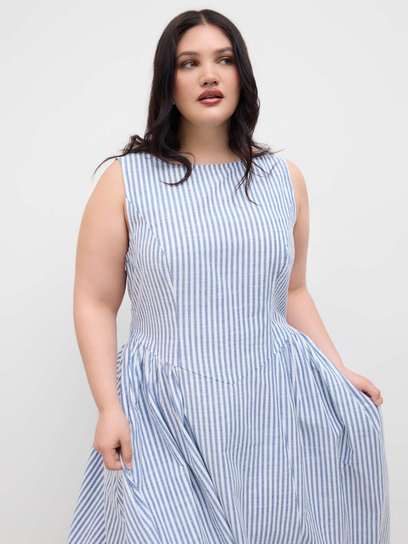 Woven Cotton-blend Boat Neck Stripe Ruffle Maxi Dress Curve & Plus For Work | Cider