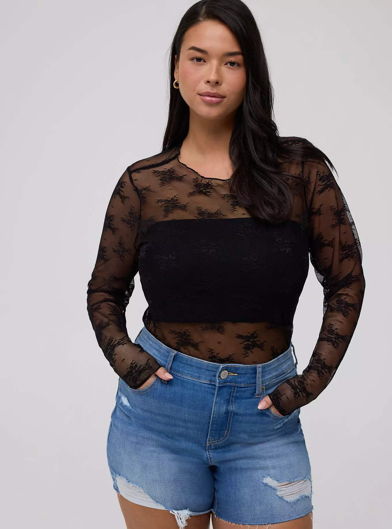 Sheer Lace Crew Long Sleeve Top | Torrid (US & Canada)