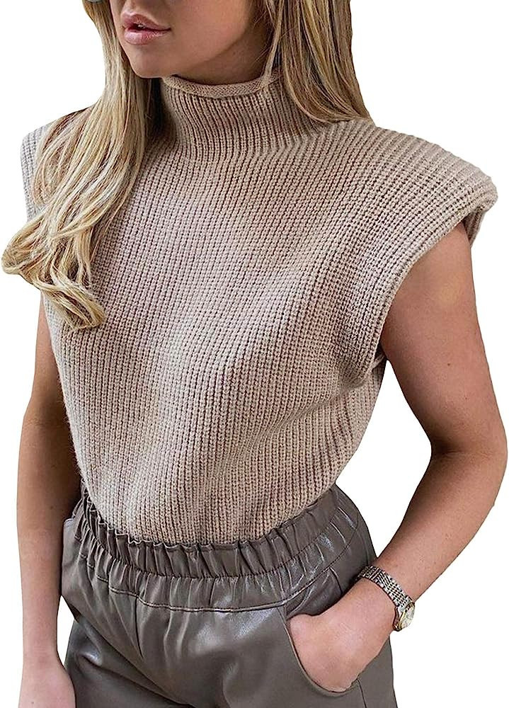 xxxiticat Women's Shoulder Pad Sweater Top Sleeveless Turtleneck Wide Shoulder Knitted Sweater Ju... | Amazon (US)