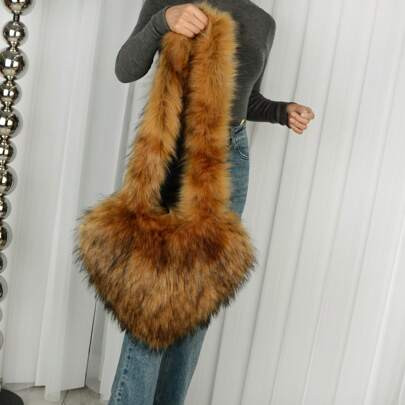 Heart Shaped Furry Purse For Women Large Soft Shoulder Bag Fluffy Faux Fur Trendy Y2K Girls Handbag | SHEIN