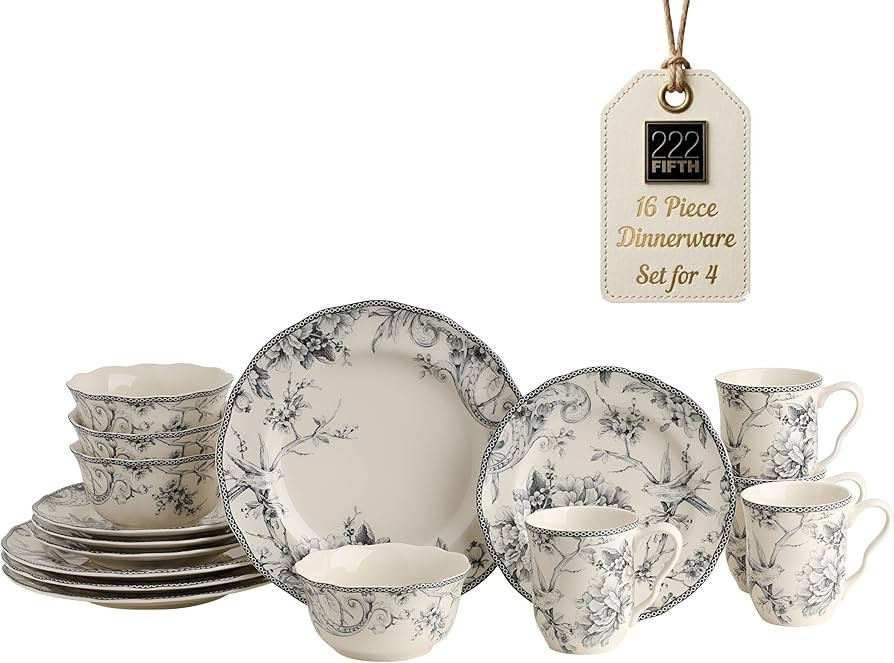 222 Fifth Adelaide 16-Piece Casual Grey Porcelain Dinnerware Set \u2013 Service for 4, Classic To... | Amazon (US)