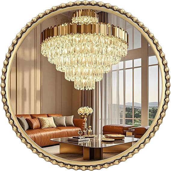 30 Inch Round Gold Bathroom Mirror – Antique Gold Beaded Frame, Large Vintage Decorative Wall M... | Amazon (US)