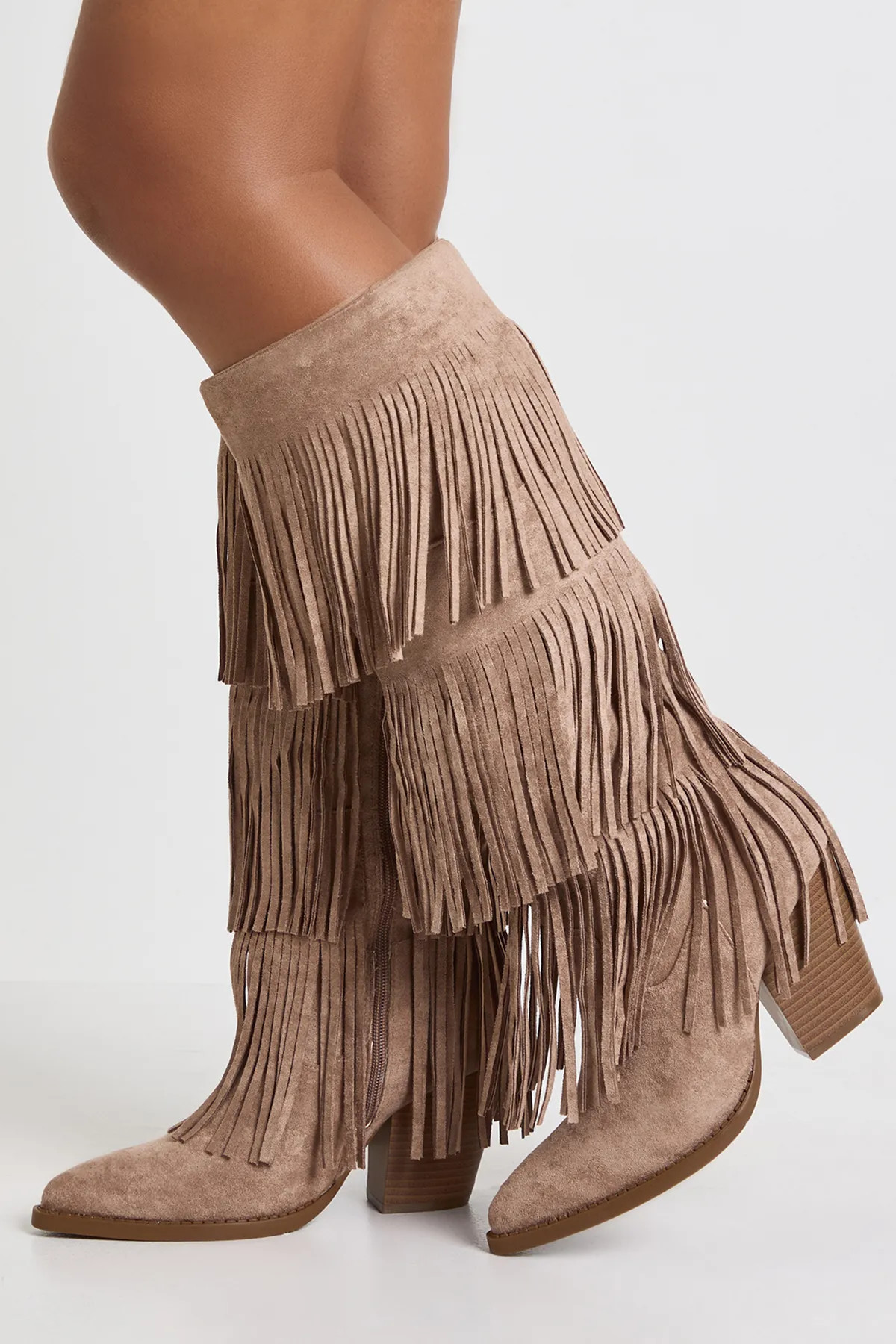 Beige Faux Suede Fringe Knee High Western Boots | Boohoo | Boohoo.com (UK & IE)