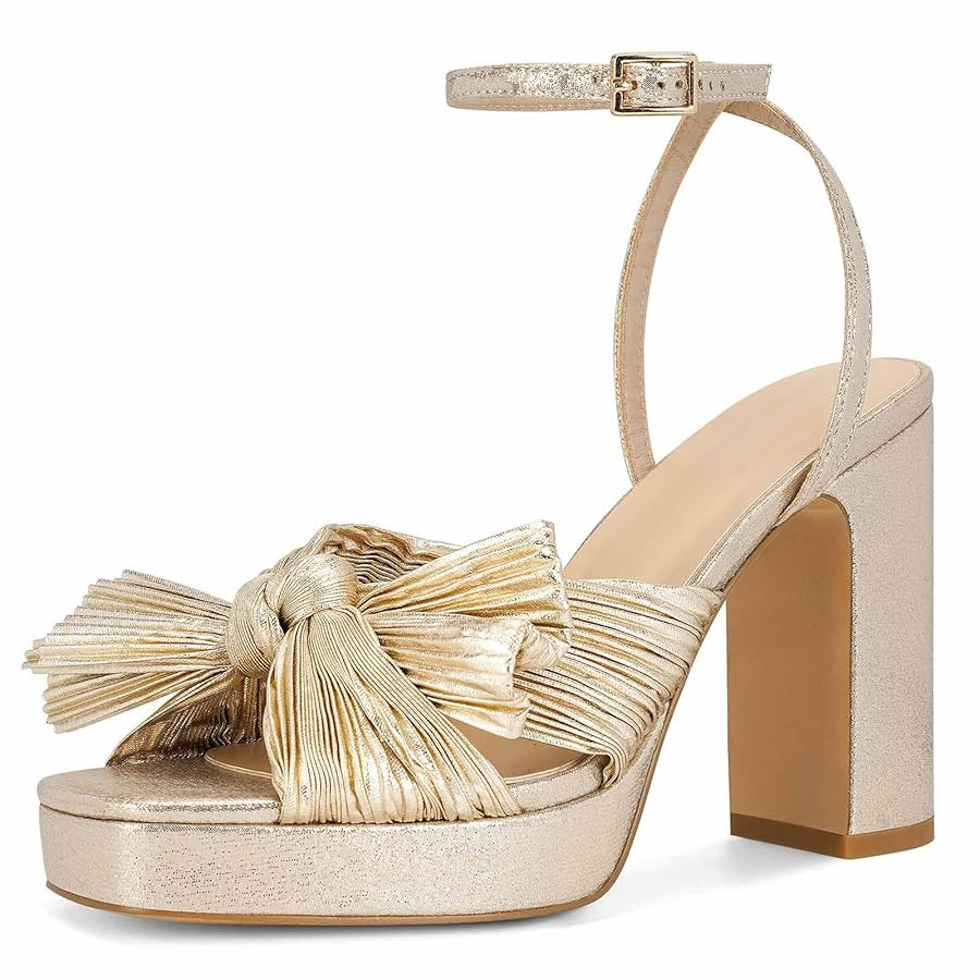 MICIFA Women's Bow Heeled Sandals Pleated Bowknot Platform High Heel Sandals Ankle Strap Chunky D... | Amazon (US)