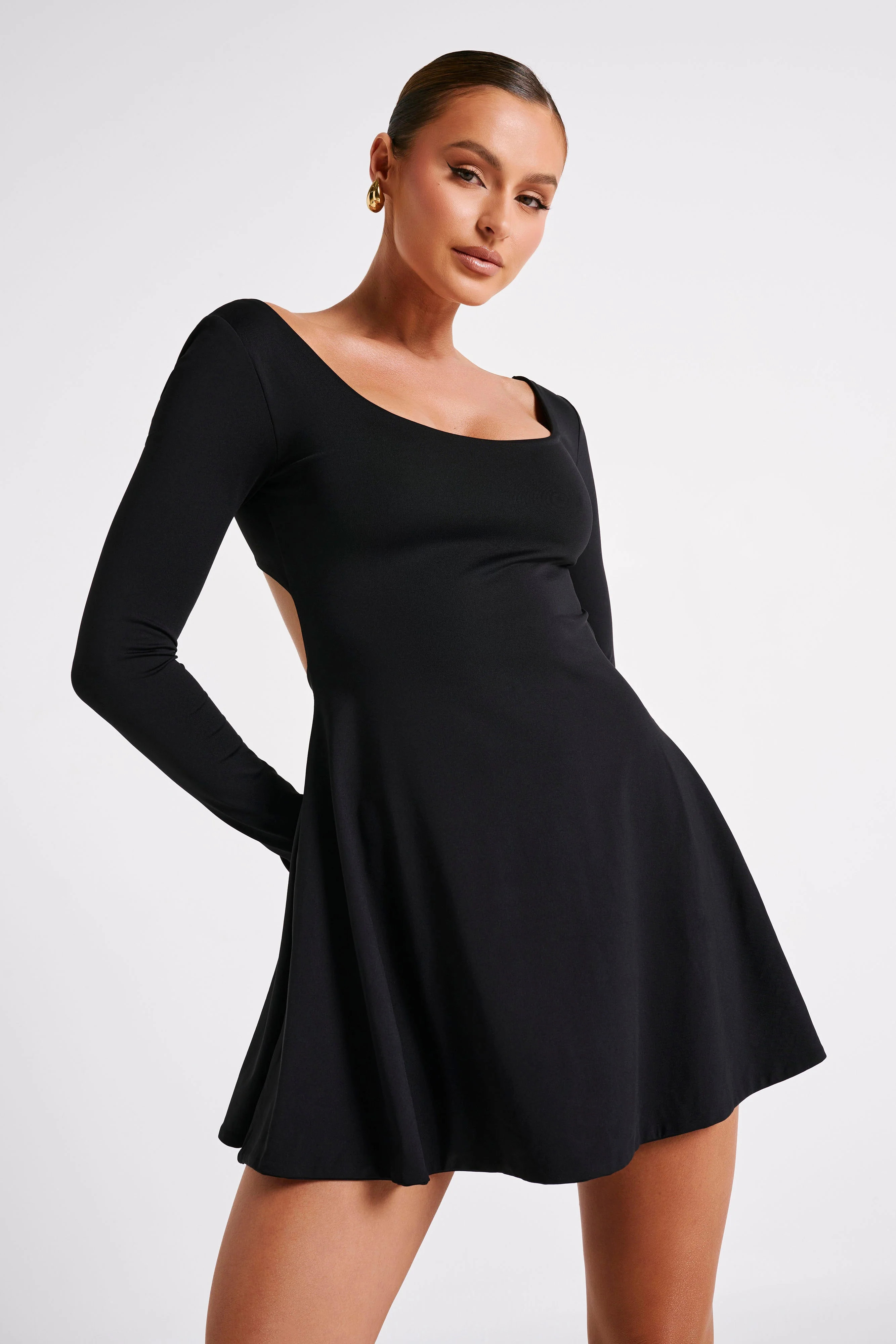 Renee Recycled Nylon Long Sleeve Mini Dress - Black | MESHKI US