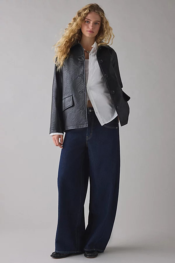 Urban Outfitters UO Sydney Faux Leather Oversized Dad Jacket in Black, Women's at Urban Outfitters | Urban Outfitters (US and RoW)