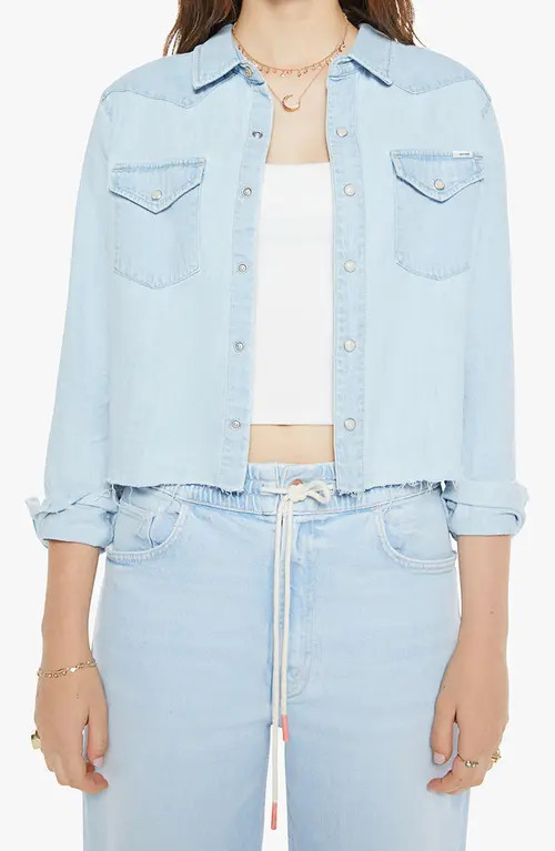MOTHER The Super Exes Frayed Step Hem Crop Snap-Up Denim Shirt in No End In Sight at Nordstrom, Size X-Small | Nordstrom