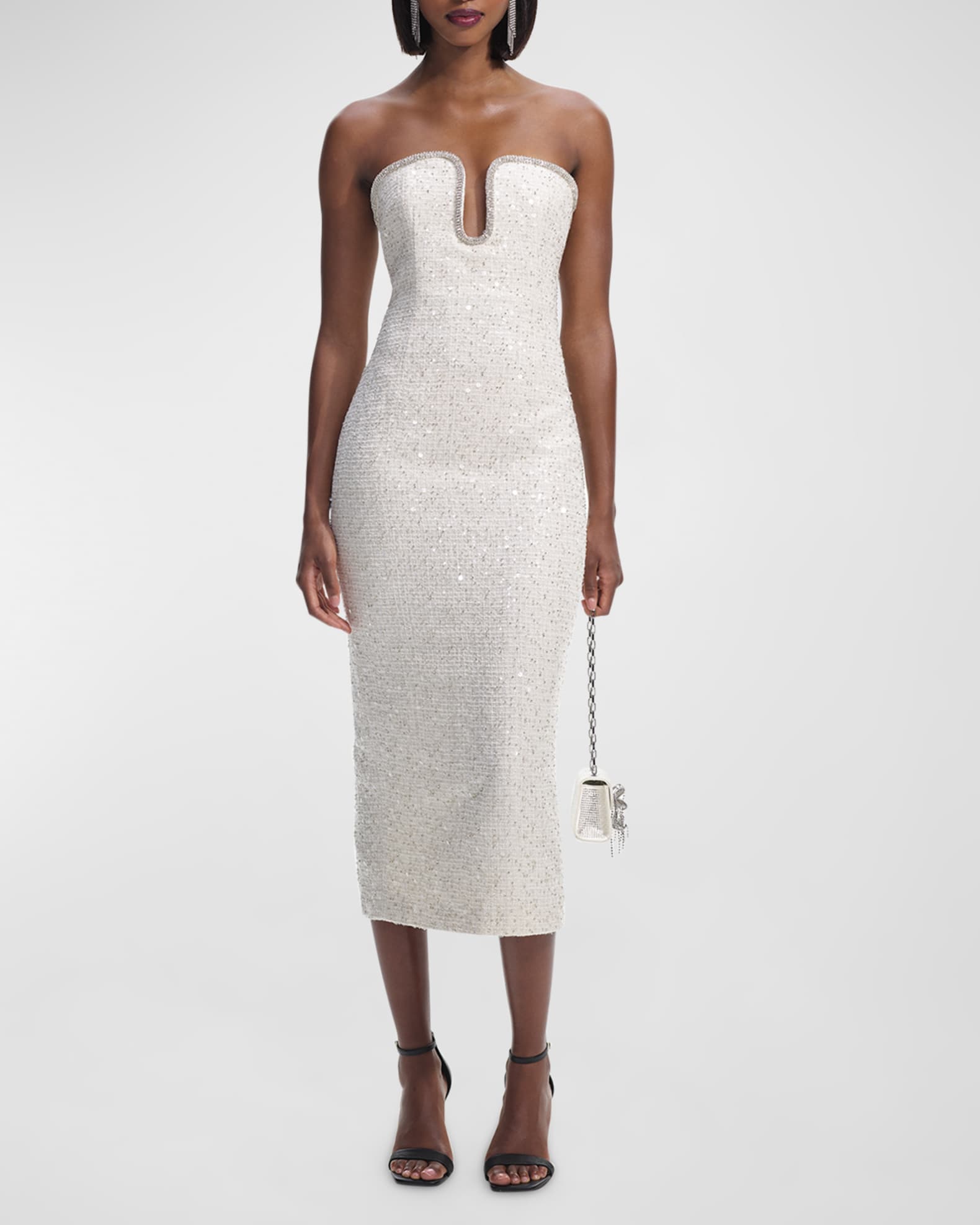 Strapless Sequin Boucle Midi Dress | Neiman Marcus