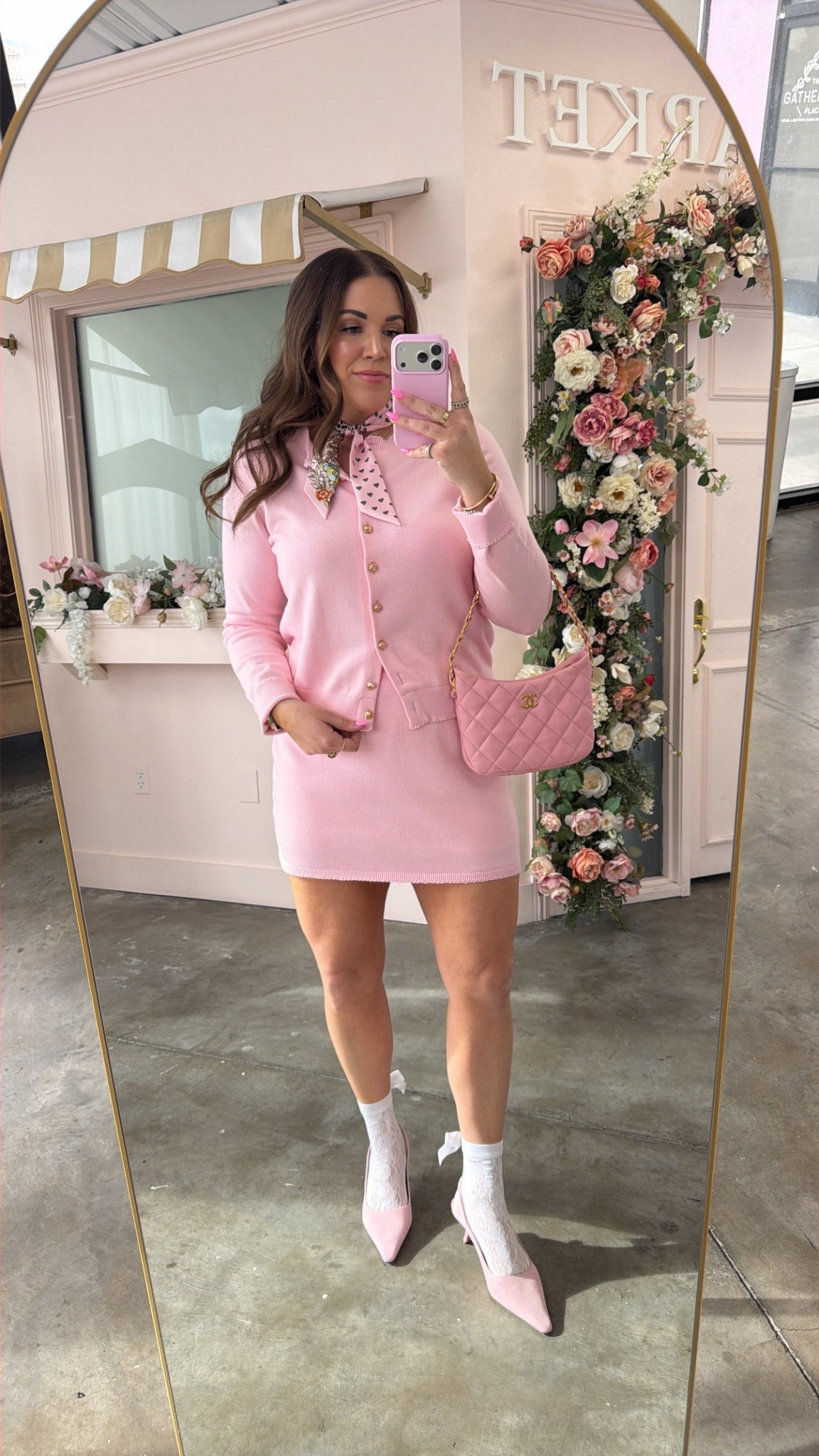 curvy midsize light pink valentine galentine sweater set outfit! wearing size large in cardigan and size xl in skort 

#LTKValentine #LTKMidsize #LTKSeasonal