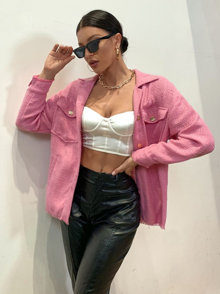 Flap Pocket Drop Shoulder Tweed Coat | SHEIN