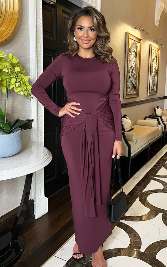 Plum Long Sleeve Sash Bodycon Midi Dress | AX Paris | SilkFred | SilkFred