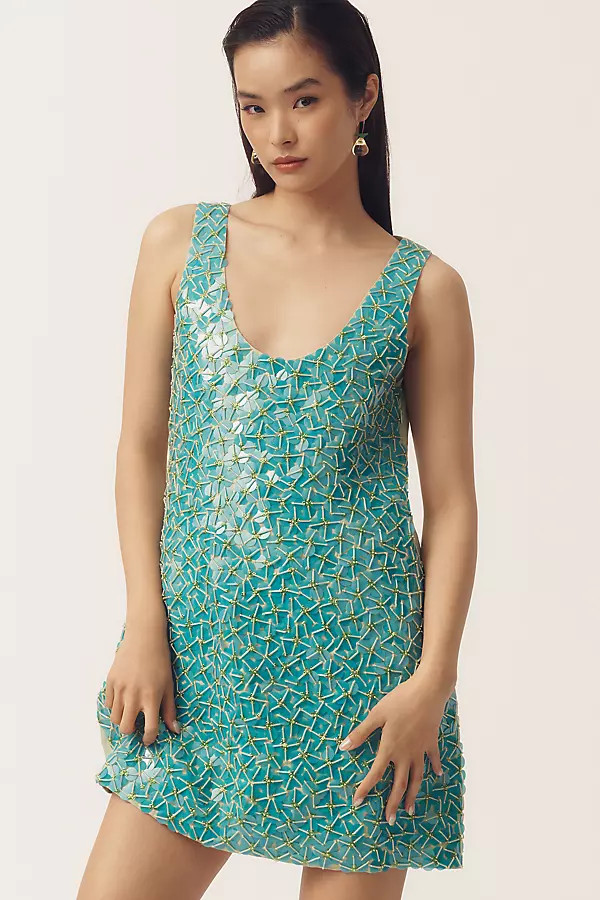 Emma Mulholland on Holiday Sleeveless Linen Sequin Mini Dress | Anthropologie (US)