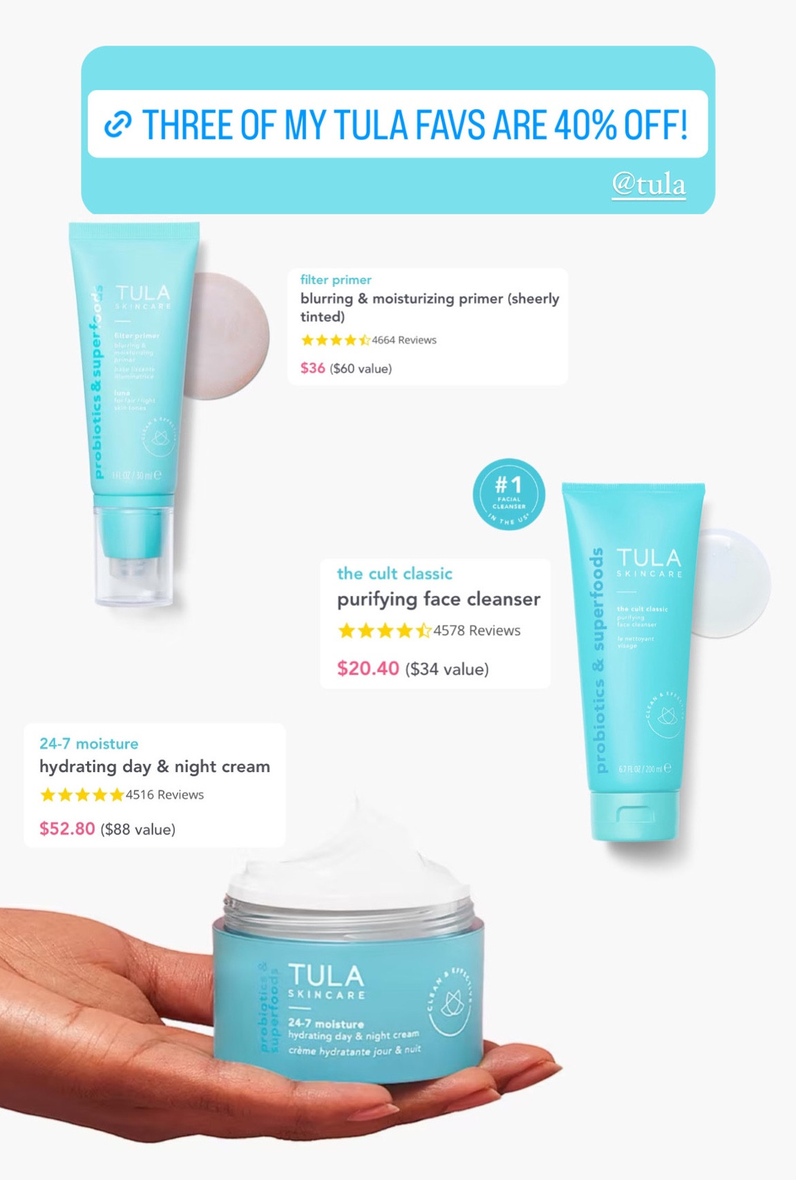 Three of my favorite Tula products (24/7 daily moisturizer, cult classic face wash and filter primer) are 40% off for Cyber Monday! 

#LTKHoliday #LTKGiftGuide #LTKCyberWeek