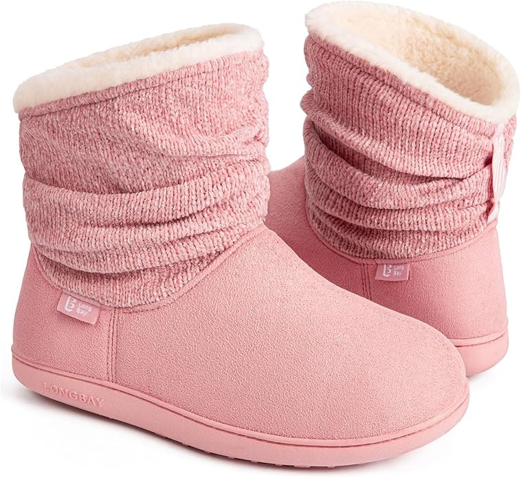 LongBay Women's Warm Chenille Knit Bootie Slippers Memory Foam Comfy Suede Fluffy Faux Fur Boots ... | Amazon (US)