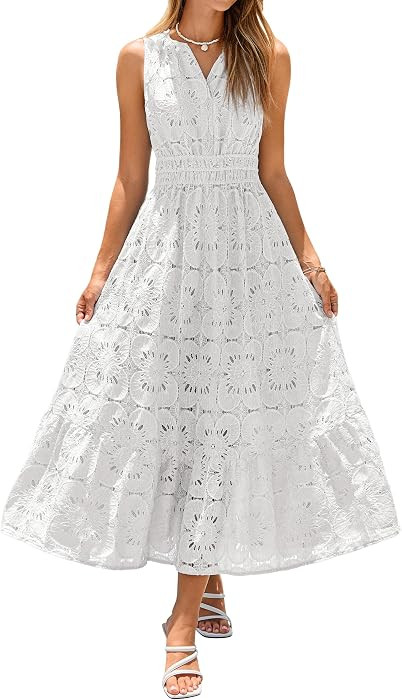 Simplee Women Summer Sleeveless Eyelet Maxi Dress 2026 Lace Casual V Neck A Line Boho Flowy Beach... | Amazon (US)