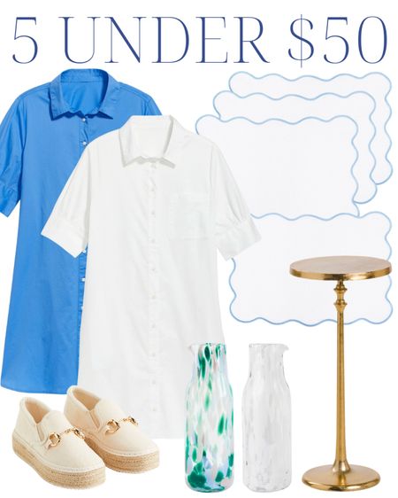 Finds Under $50! Blue shirt dress, white shirt dress, blue and white scalloped placemats, brass gold martini drink metal cocktail table, white confetti glass carafe blue green white confetti glasses, platform buckle linen espadrilles spring shoes, Amazon finds, grandmillennial home, home decor, coastal home, decorating ideas, interior design, interior decor, decor inspo, decor inspiration, mood board, room board, classic home, traditional home, grandmillennial style, Amazon home, southern home, southern hospitality, southern style, home decor ideas, preppy style, classic style, southern charm

#LTKunder50 #LTKhome #LTKstyletip