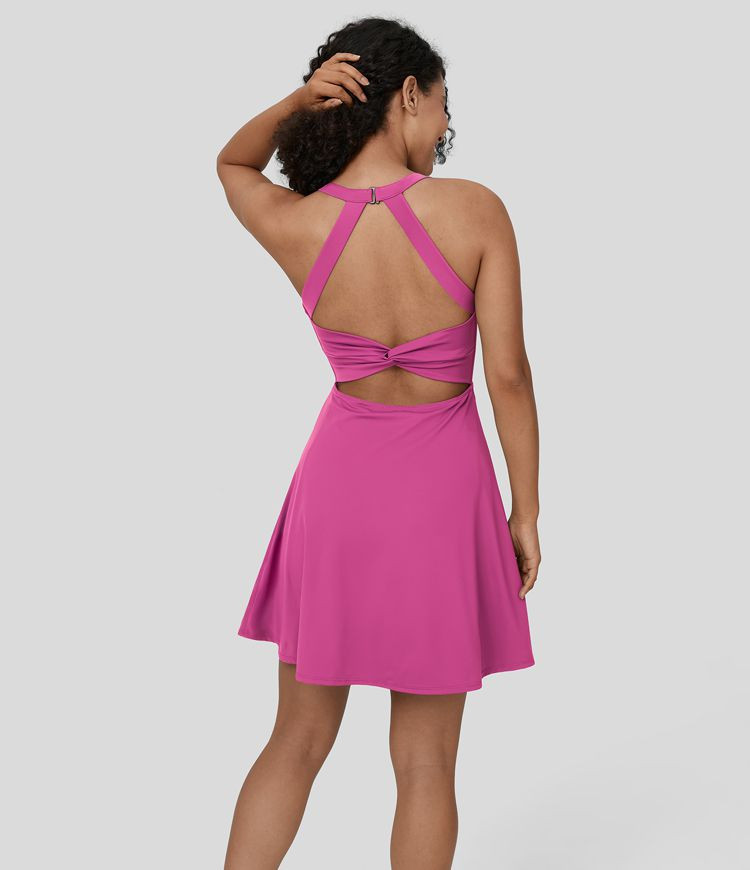 Backless Twisted Flare Mini Dance Active Dress-Longer Length | HALARA