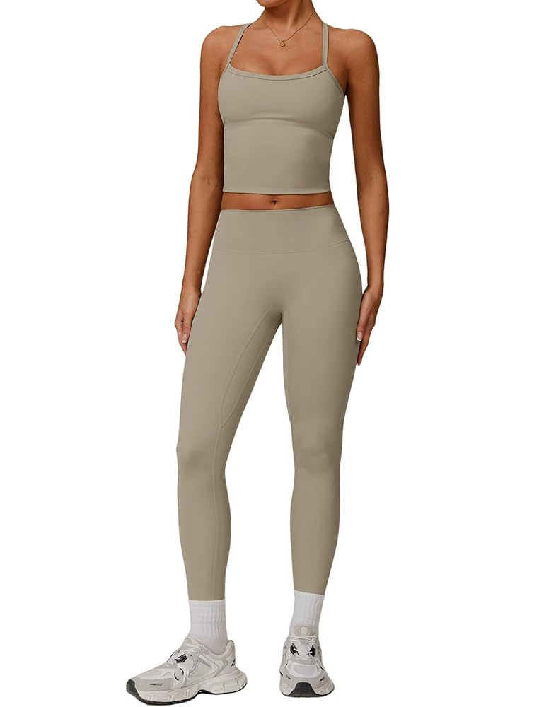Womens Workout Sets Two Piece Cross Back Tank Top Matching High Waist Leggings Sets Gym Outfits W... | Amazon (US)