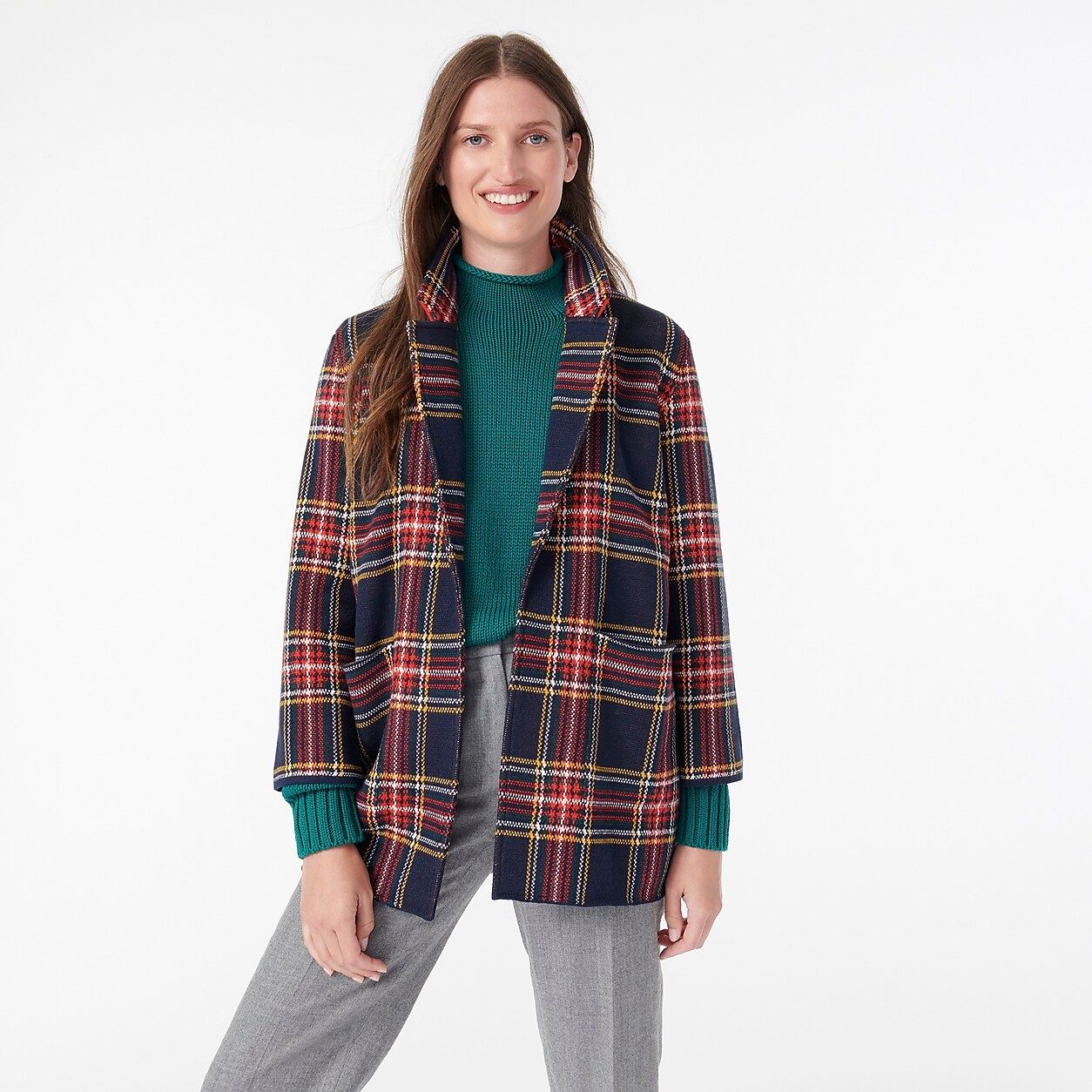 Sophie open-front sweater-blazer in black Stewart tartan | J.Crew US