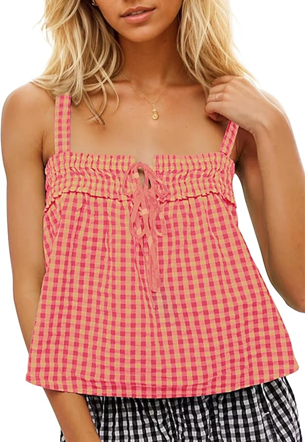 synound Women Plaid Cropped Camisole Tops Ruched Tie Front Square Neck Backless Loose Cute Crop C... | Amazon (US)