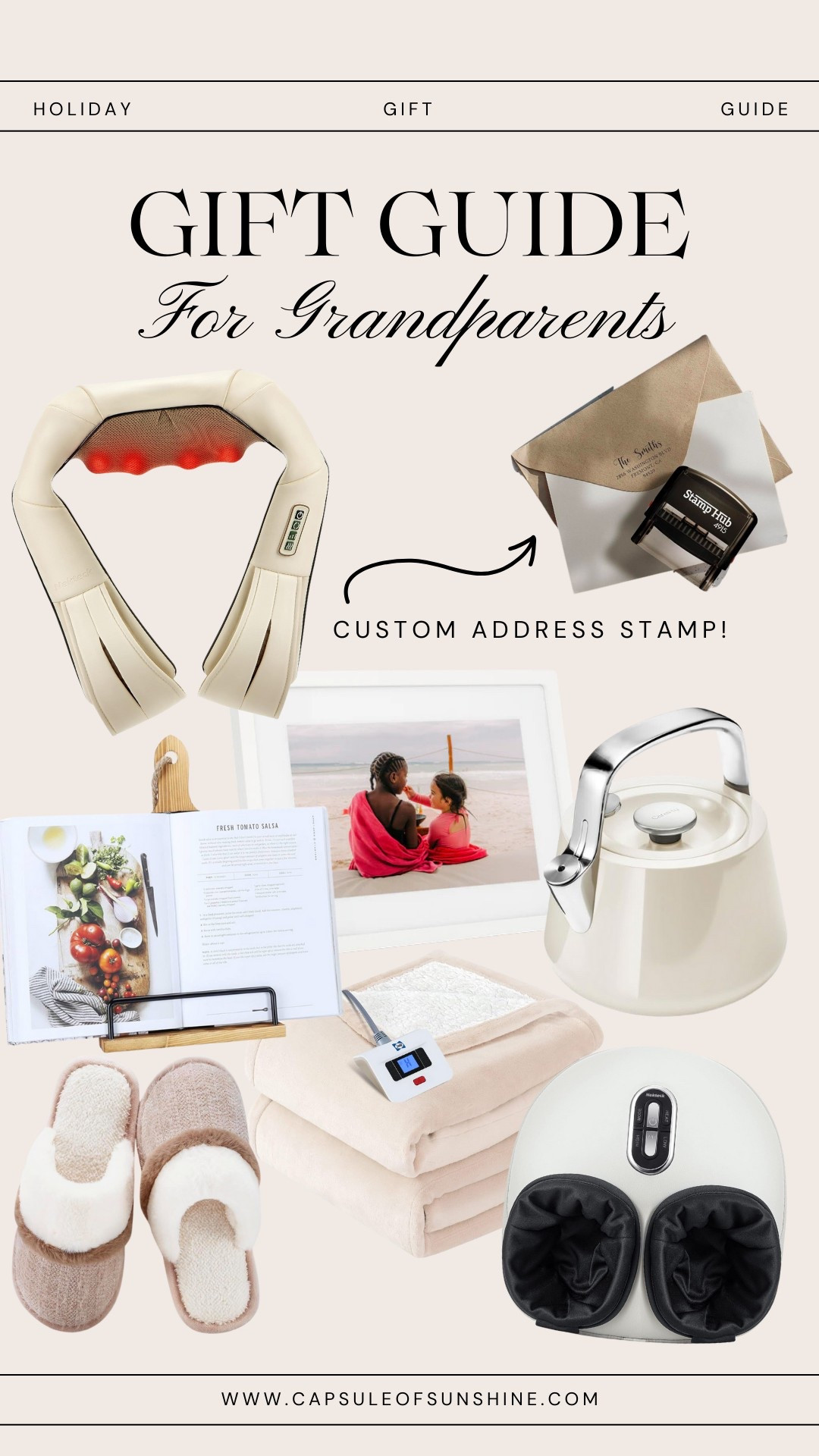 Finding the perfect gift for grandparents can be tricky, but this guide makes it easy! ❤️ Thoughtful, cozy, and practical—these gifts are sure to bring them joy. From a heated blanket to a foot massager, a custom address stamp, and a classic tea kettle, these picks show love in the little details.

Save this for later & shop now on capsuleofsunshine.com!

#GiftGuide #GiftsForGrandparents #HolidayGifting #ThoughtfulGifts #ChristmasShopping #HolidayGiftIdeas #CozyLiving #CapsuleOfSunshine

#LTKFindsUnder100 #LTKSeasonal #LTKFamily