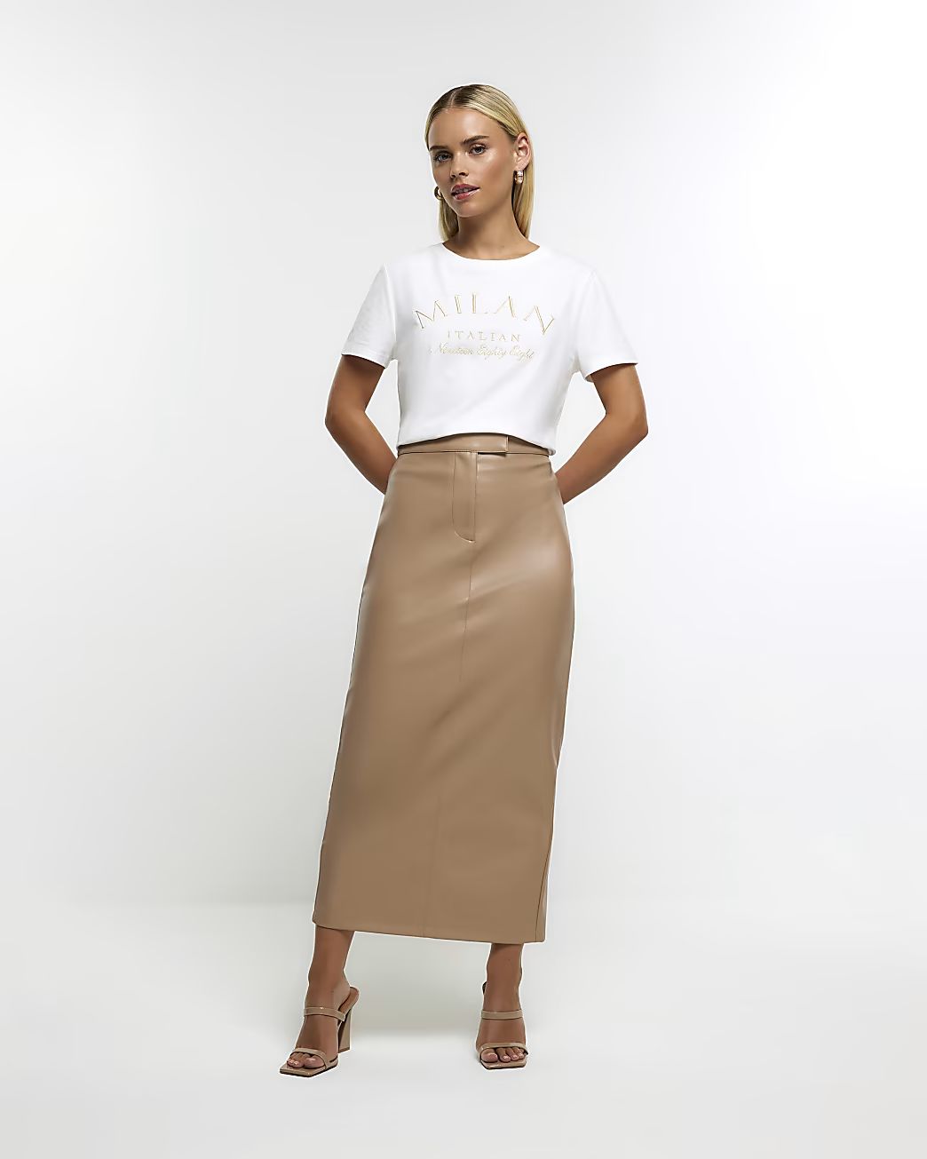 Petite brown faux leather midi skirt | River Island (UK & IE)