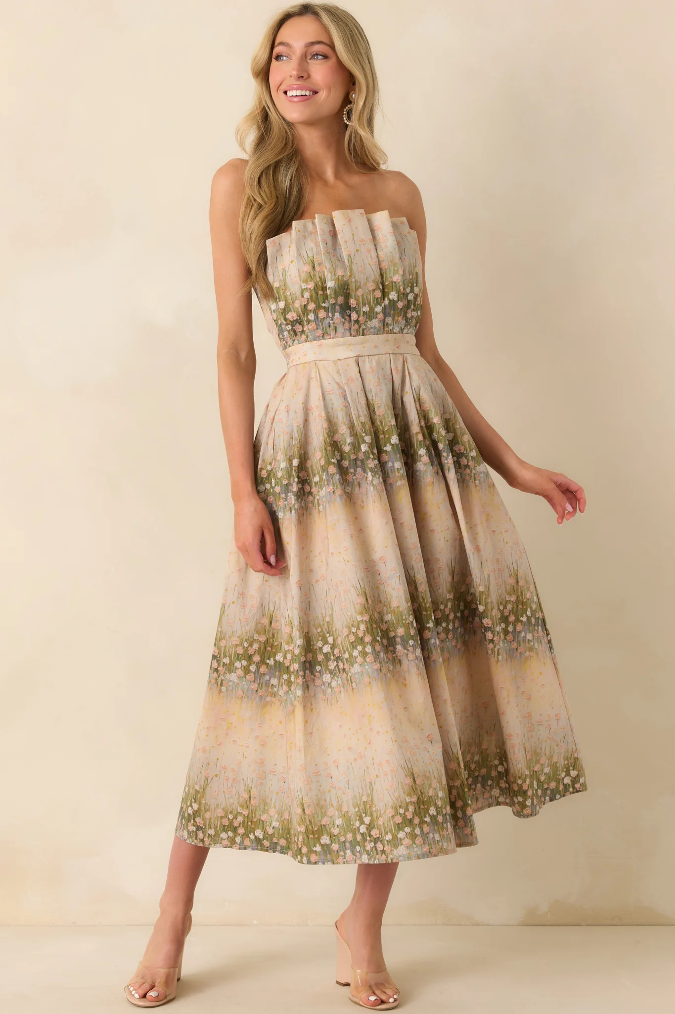 The Genevieve Beige Floral Print Cotton Strapless Midi Dress | Red Dress